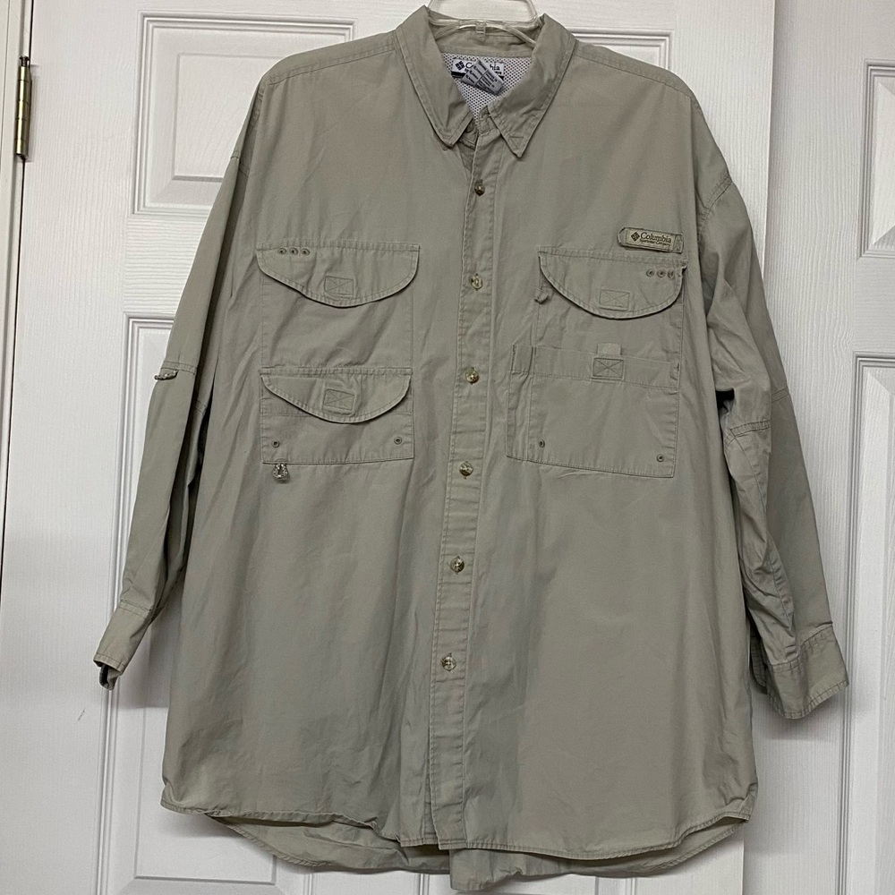 Columbia PFG Back Vented Button Front Active Wear Shirts Tan Sz XL